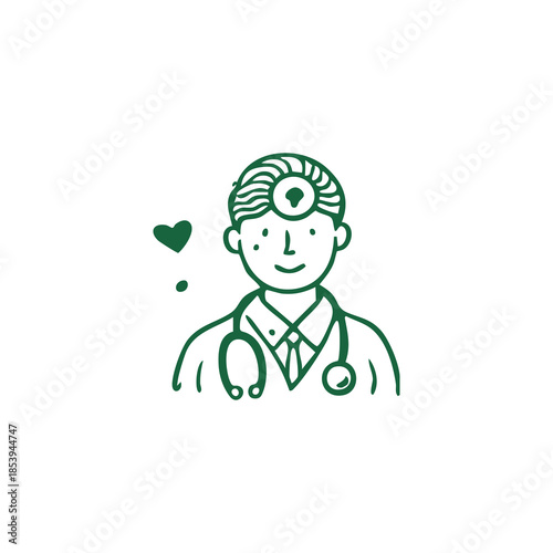 A doctor in green with a stethoscope and a heart. A cute illustration