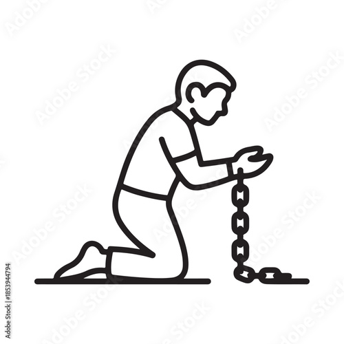 A kneeling figure holding a chain in a simple line drawing style