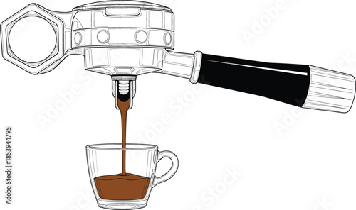Flat vector illustration of a professional espresso machine portafilter pouring hot coffee into a clear glass cup isolated on a white background.
