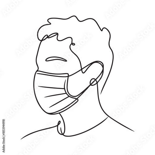 Line art illustration of a man s profile wearing a protective face mask