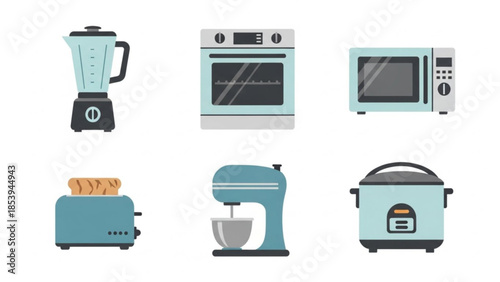 Minimal flat vector icon set of kitchen appliances for cooking and food preparation. Suitable for UI, websites, and product presentations.