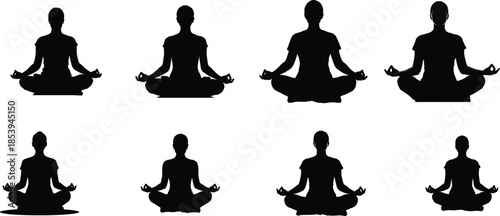 Seven black silhouettes of yoga poses in various meditation postures