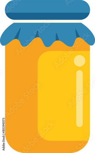 Cartoon illustration of a glass jar full of honey, closed with a blue cap and a preserving paper