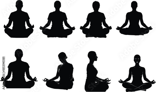 Seven black silhouettes of people meditating in various yoga poses