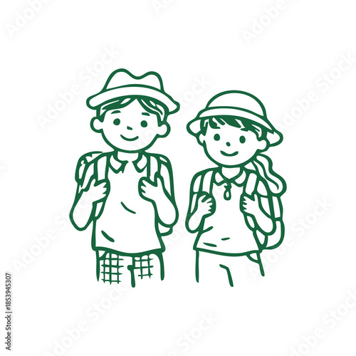 Two smiling children with backpacks and hats, green line art on white