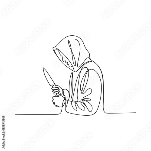 Continuous line drawing of a hooded figure holding a knife in hand