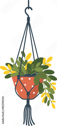 Hanging Macrame Plant Holder with Green and Yellow Leaves hanging plant