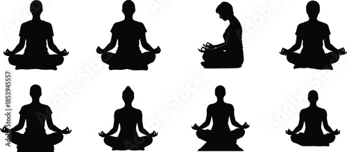 Seven black silhouettes of people practicing yoga in various seated positions