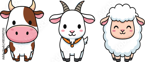  Cute cartoon vector illustration of farm animals including spotted cow white goat and fluffy sheep isolated on white background for kids education and nursery decor