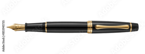 Black fountain pen with gold accents isolated on a transparent background