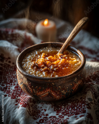 Traditional kutia porridge with honey and walnut in ceramic bowl on folk embroidery tablecloth for Orthodox Christmas eve dinner celebration