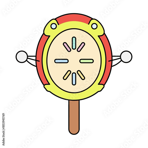 A cute cartoon rattle with a fun and playful design, perfect for babies and young children, featuring bright colors and a simple shape for easy gripping and shaking