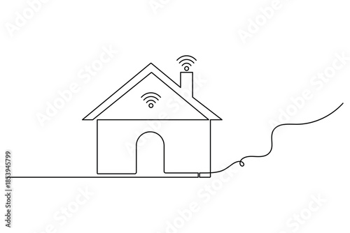 Smart house concept illustration with simple continuous black line design and wifi