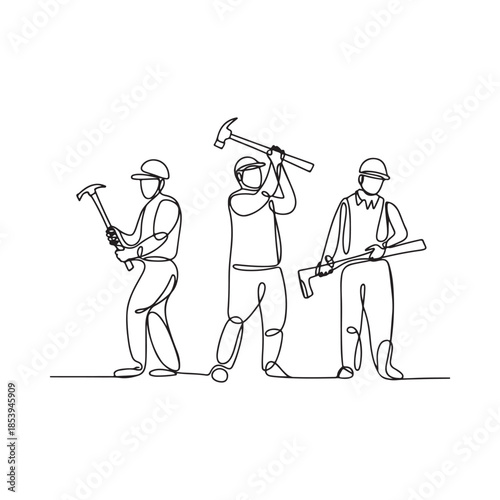 Continuous line drawing of three construction workers with tools
