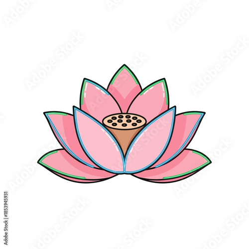 A vibrant illustration of a pink lotus flower with detailed petals and a prominent seed pod center, symbolizing purity and enlightenment
