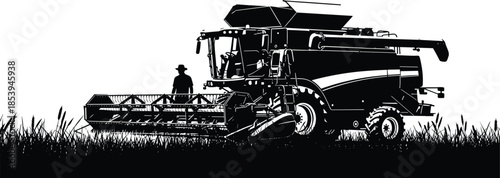 Combine harvester, modern agriculture, crop field, rural machinery, black silhouette, farming equipment, harvest scene, farmer, outdoor work, cad drawing flat vector illustration