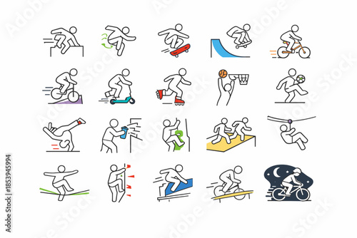 A set of 20 simple vector icons (stickman style with minimal color accents) on the theme of urban extreme and street sports.