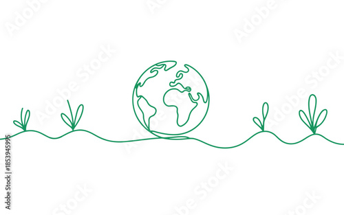 A continuous green line drawing depicts the Earth globe surrounded by small plant sprouts on white