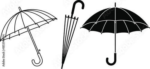 Graphic Illustration of Three Umbrella Styles Featuring an Open Canopy with Visible Ribs, a Slim Folded Parasol, and a Solid Black Open Canopy Accessory.
