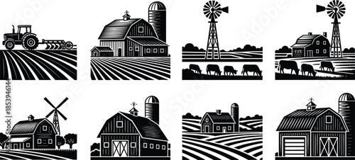 Farm landscape, barn and silo, rural scene, windmill, tractor field, grazing cows, black silhouette, nature view, cad drawing flat vector illustration