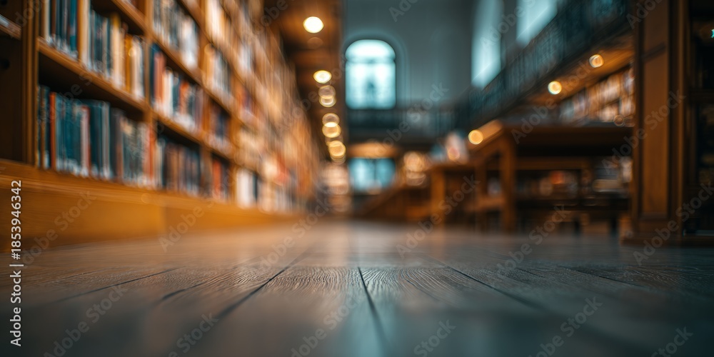 Fototapeta premium Quiet Study Hall with Sun Rays Falling on Wooden Bookcases Interior