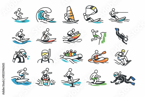 A set of 20 simple vector icons (stickman style with minimal color accents) on the theme of extreme and adventure water sports.
