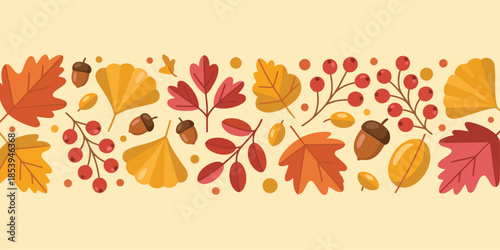 A delightful horizontal design features various autumn leaves, crimson berries, and acorns on a smooth pale yellow ground