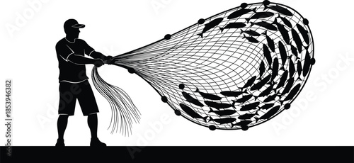 Fishing net, fisherman silhouette, successful catch, traditional method, outdoor activity, fish abundance, black vector, nature scene, cad drawing flat vector illustration