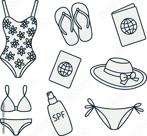 Summer Vacation Essentials Swimsuit Flip Flops Passport Sunscreen Hat bikini one-piece
