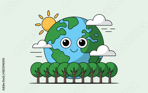 A friendly cartoon Earth character smiles happily with a row of green trees and sunny clouds