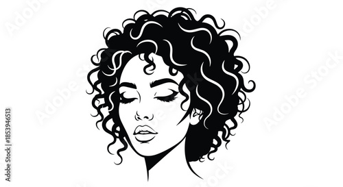 Stylish black and white portrait of a beautiful African American woman with voluminous curly hair and closed eyes.