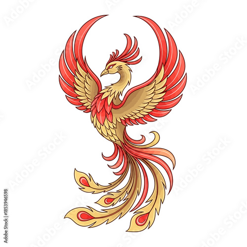 A beautifully rendered illustration of a majestic mythological bird, featuring vibrant plumage and graceful widespread wings, symbolizing endurance, rebirth, and eternal spirit