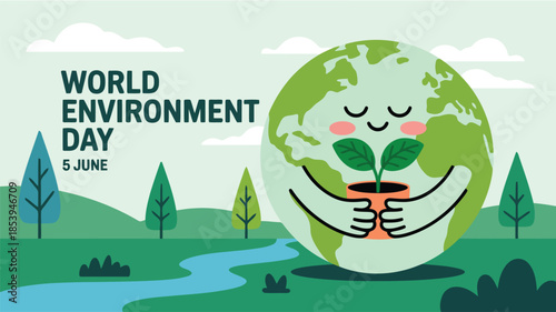 A happy cartoon Earth character tenderly embraces a green potted plant for World Environment Day