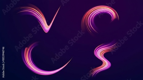 Creative purple neon swirl and wavy light patterns for design asset