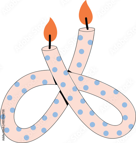 Two intertwined polka dot birthday candles with orange flames Keywords: candles, birthday