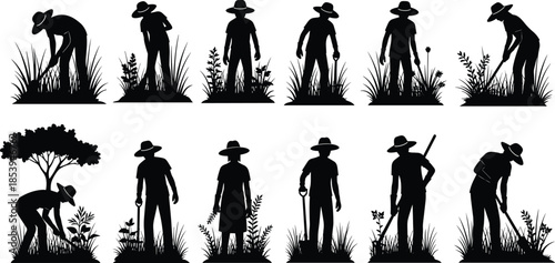 Gardening activity, farm workers, black silhouette, rural labor, planting tools, outdoor field, nature scene, teamwork, cad drawing flat vector illustration