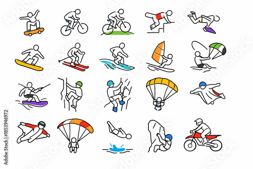 A collection of 20 simple vector icons (stickman style with bright color accents on the equipment) on the theme of extreme sports.