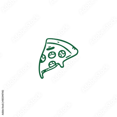 A green line-art slice of pizza with toppings, a simple, appetizing design