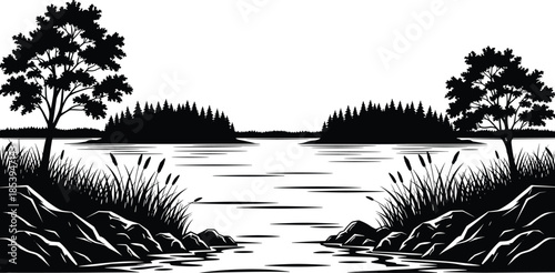 Lakeside landscape, nature scene, black silhouette, calm water, conifer trees, outdoor view, peaceful environment, rural setting, vector art, cad drawing flat vector illustration