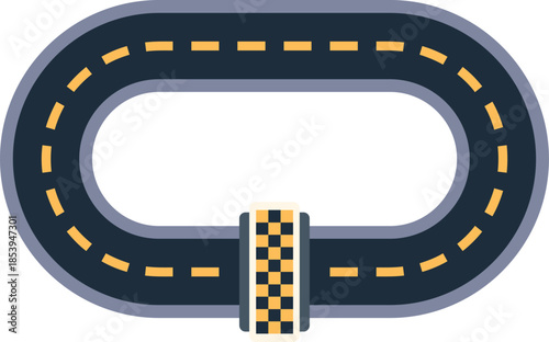 Top view icon of oval asphalt race track with yellow markings and checkered flag