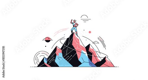 Modern line art illustration of a triumphant person standing on a mountain peak symbolizing success and achievement.