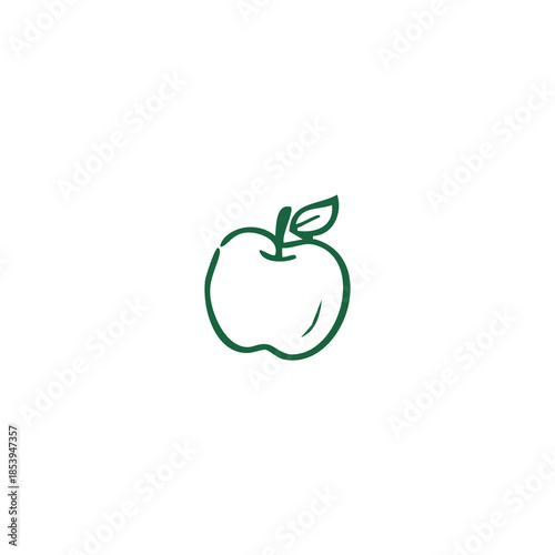 Simple green line drawing of an apple with a leaf on a stark white background