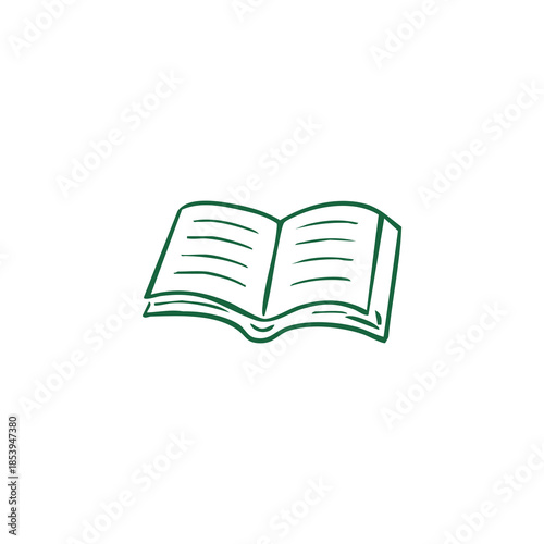 A green line-art depiction of an open book on a white background