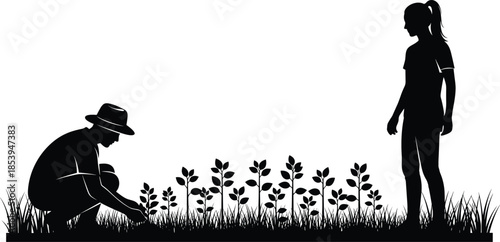 Silhouette of farmers working in field, agriculture teamwork, garden planting, rural life, black vector, CAD drawing, flat illustration, nature