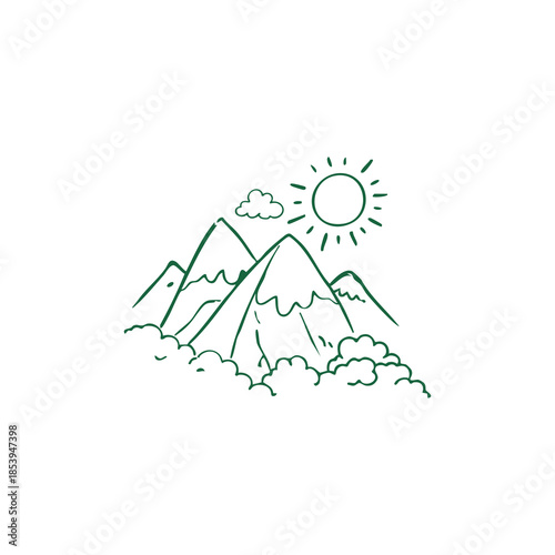 A sketch of mountains, sun, and clouds in green on white background