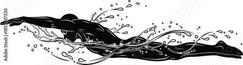 Swimmer silhouette vector, dynamic water motion, aquatic sport illustration, front crawl stroke, black and blue artwork, fluid movement concept