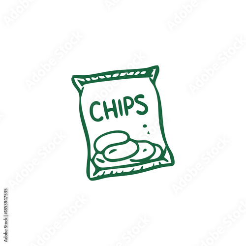 A green hand-drawn bag of chips with visible chips, against a white background