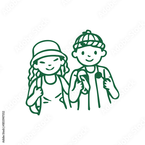 Two cartoon figures, a boy and a girl, green outline on a white backdrop, smiling