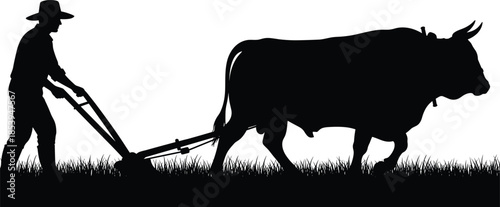Traditional farming silhouette, ox plowing vector, rural agriculture scene, farmer with hat, black and white illustration, countryside labor concept