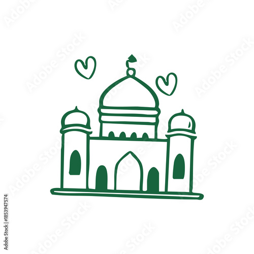 Green line drawing of a mosque with two hearts, on white background